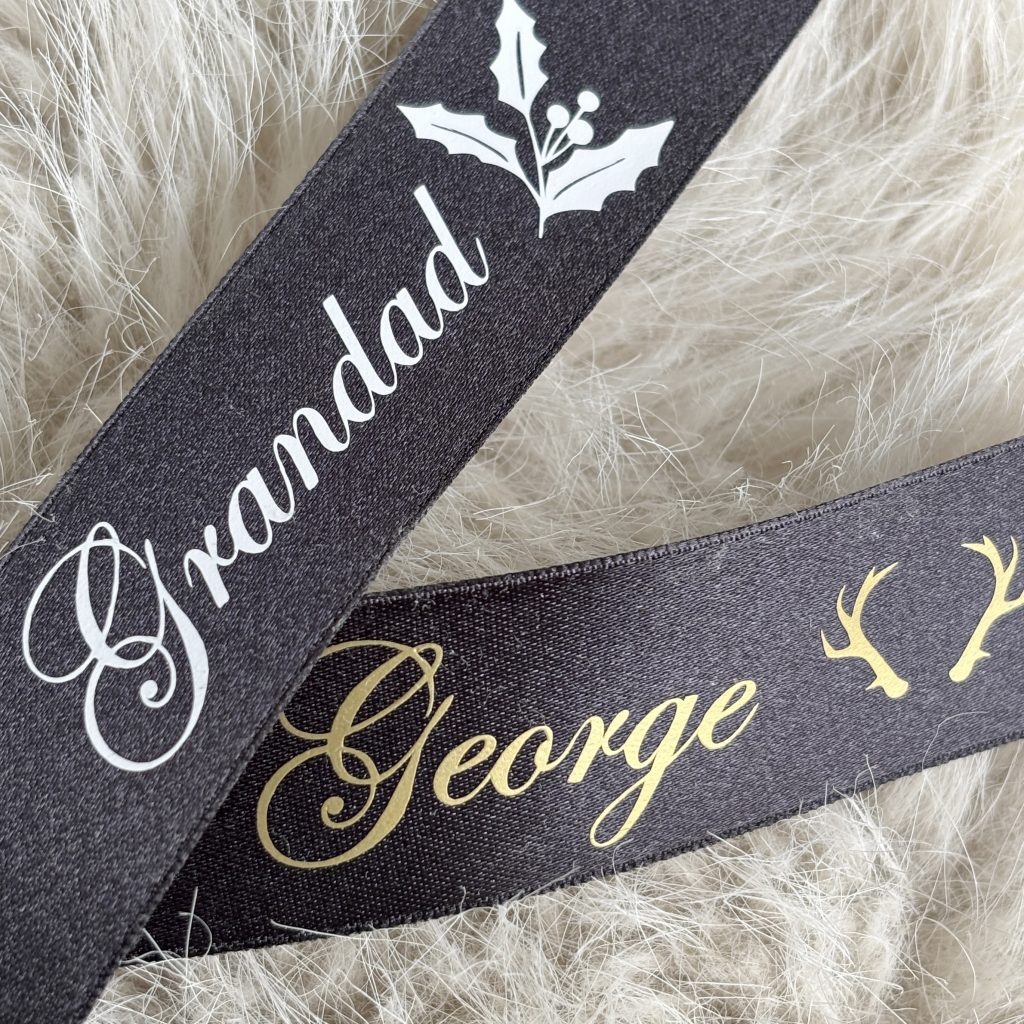 black personalised christmas gift ribbon wrapping