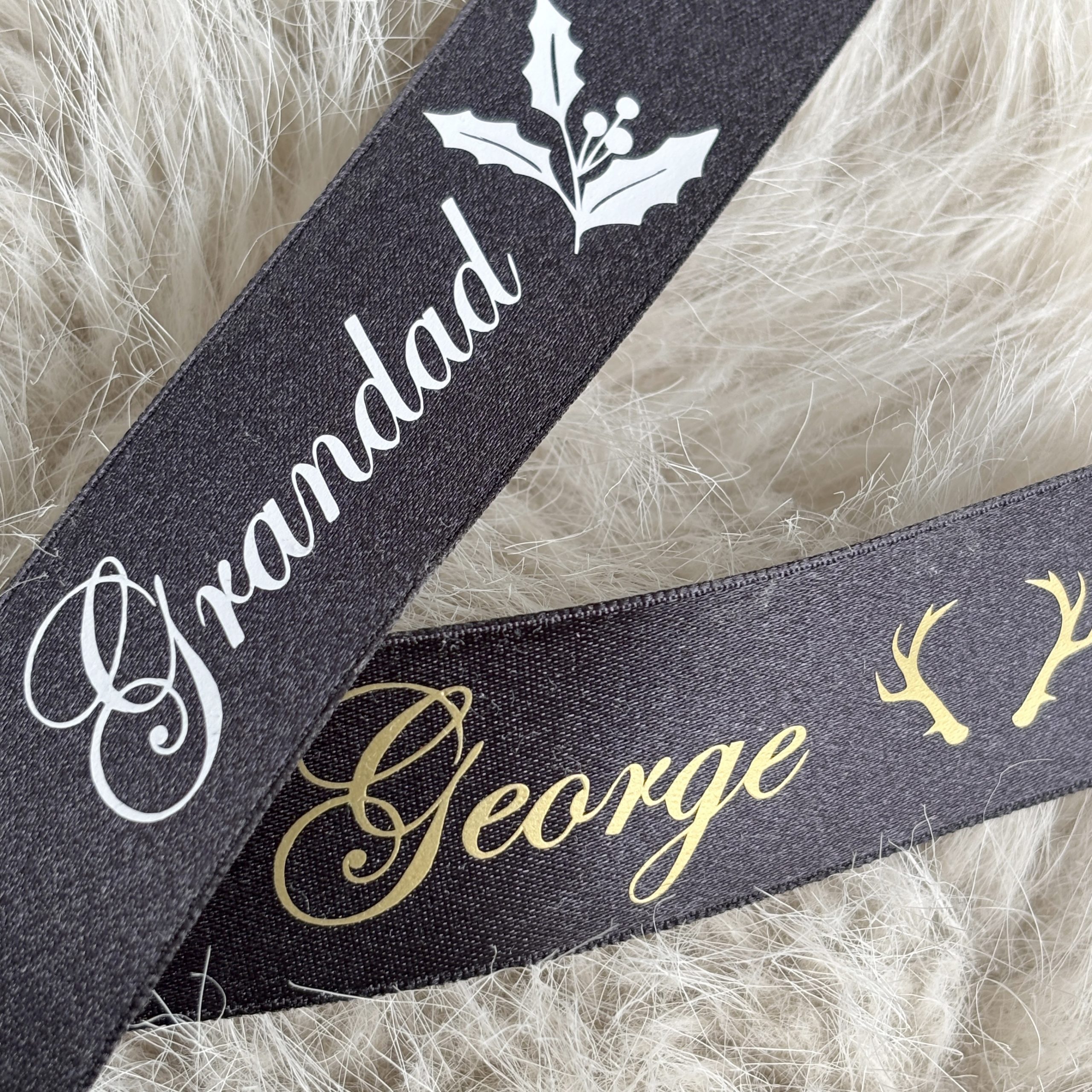 black personalised christmas gift ribbon wrapping