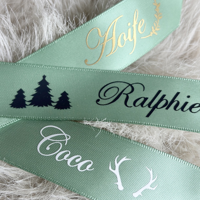 green personalised christmas gift ribbon wrapping