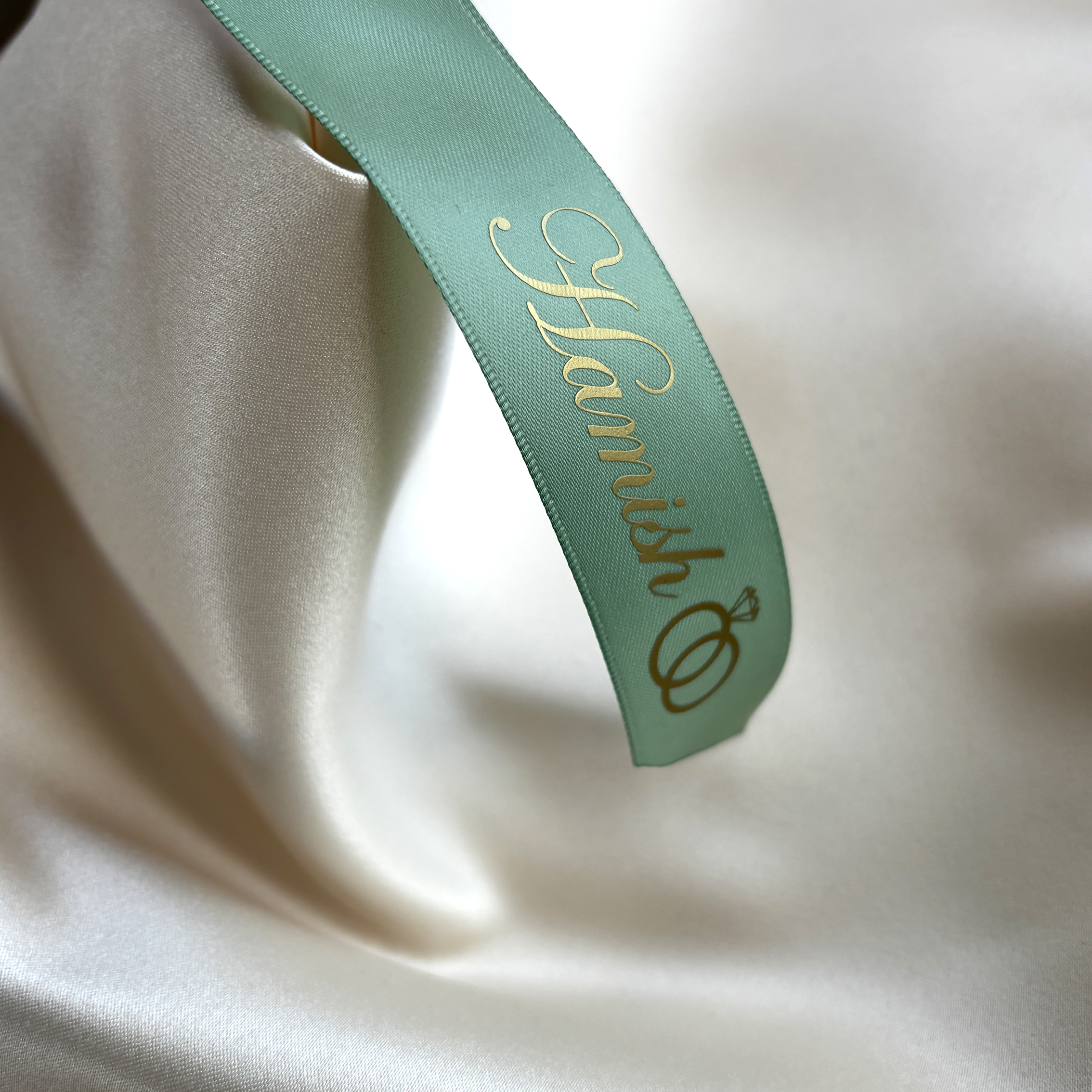 personalised wedding ribbon sage gold rings